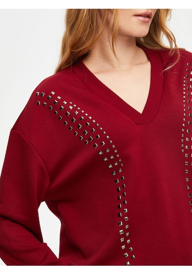 Önü Trok Taşlı V Yaka Sweatshirt 69509 U6950940 Bordo