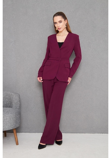 Kemerli V Yaka Takım Mürdüm Mürdüm