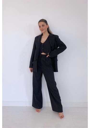 Siyah Çizgili Ceket - Yelek Ve Pantolon Takım Siyah