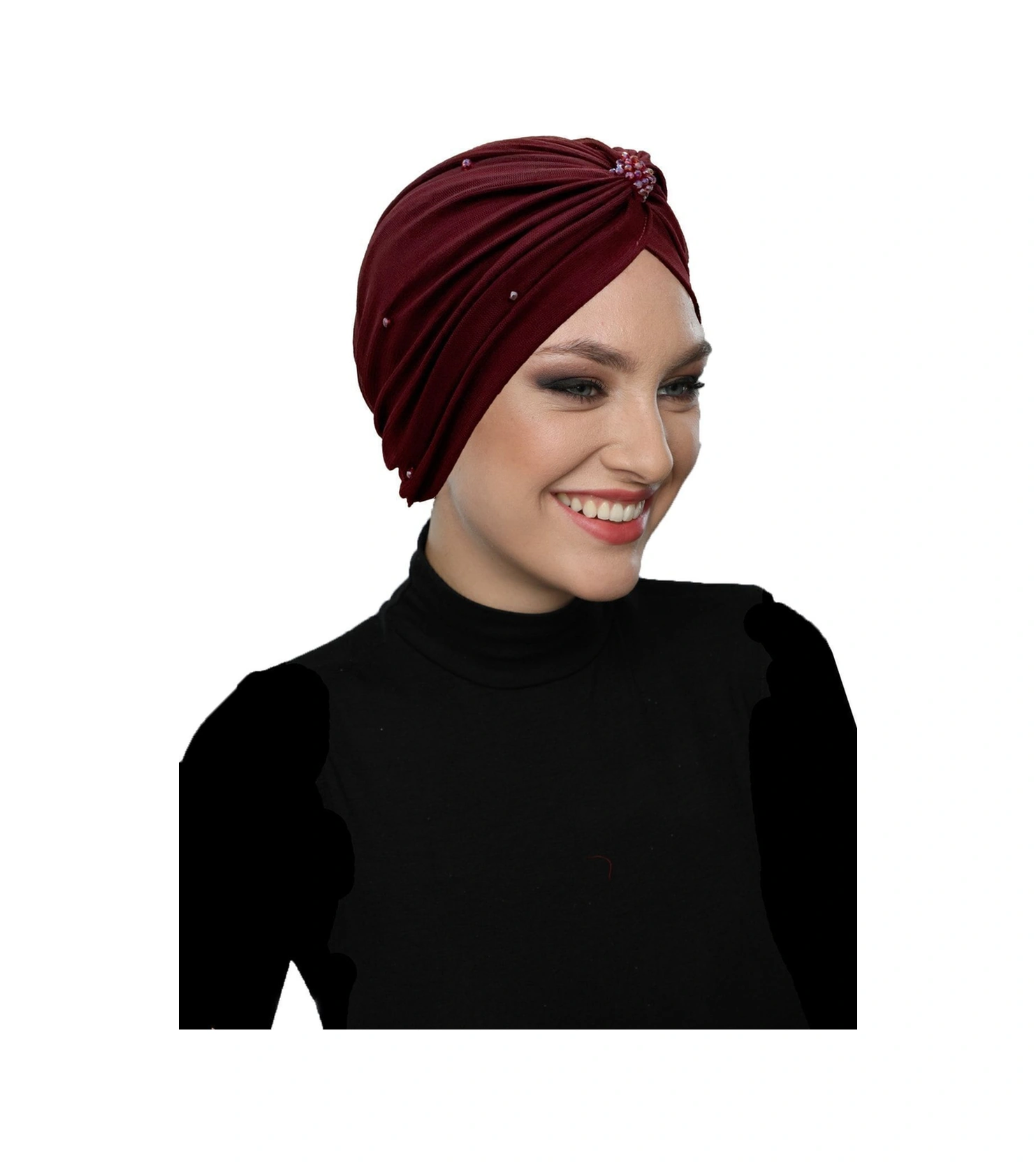 Kristal Tüllü Astarlı Bordo Hazır Türban Tesettür Abiye Bone Bordo