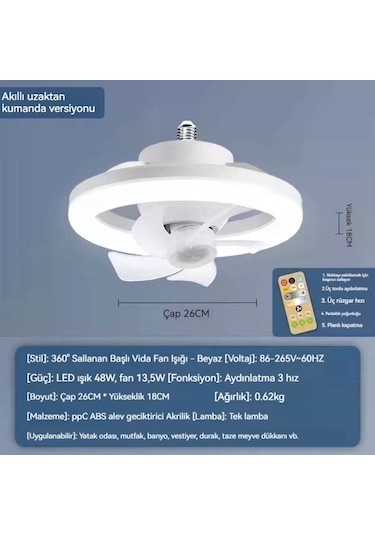 360 E27 Uzaktan Kumandalı Üç Renkli Tavan Vantilatörü Açık Beyaz 3 Renk Kumandalı
