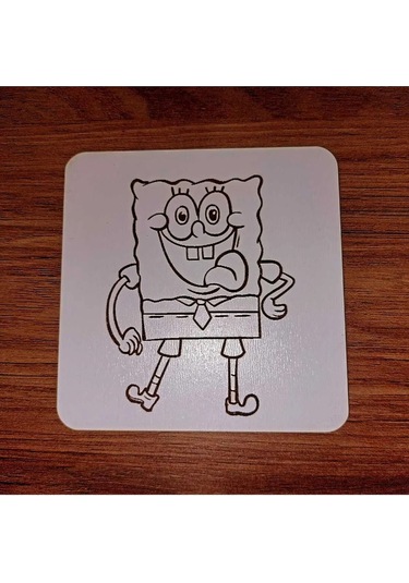 Lavanta Tasarım Sünger Bob Ahşap Bardak Altlığı Beyaz