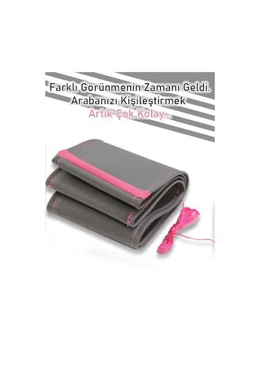 Audi A8 Gri İçin Uyumlu Özel Süper Deri Pembe Yüzüklü Dikişli Direksiyon Kılıfı