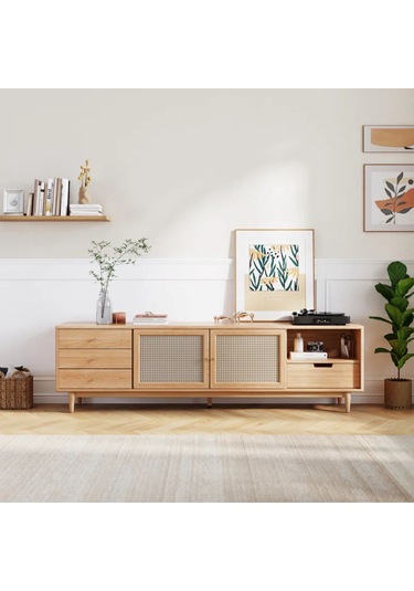 Ahşap Rattan Kapak Detaylı Modern Tv Ünitesi Natürel