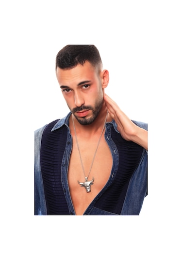 Erkek Antik Gümüş Kaplama Boğa Simge Uçlu Kolye Gümüş