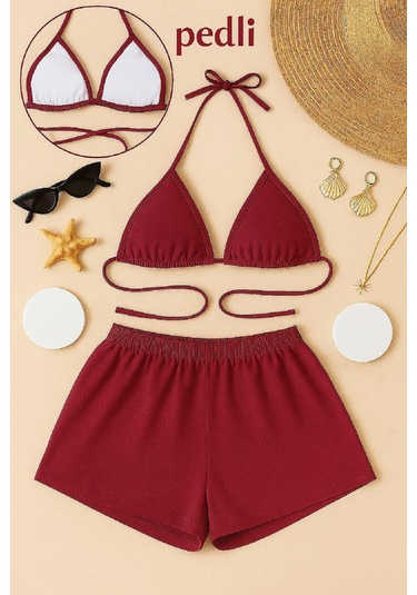 Kadın Bordo Şortlu Belden Ve Boyundan Bağlamalı Bikini Takımı Bordo