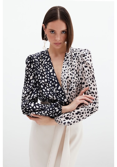 Sateen Kruvaze Desenli Bodysuit - Bej-Siyah