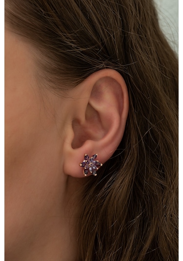 925 Ayar Mor Lotus Çiçeği Küpe Kadın Gümüş Küpe