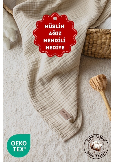 Zeypba %100 Pamuk 4 Katlı Müslin Örtü Kenar Dikişli 90x100 CM Bej