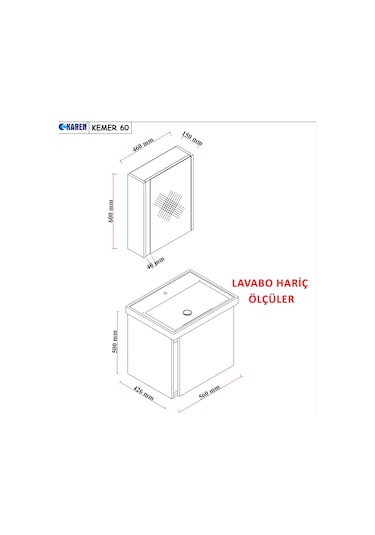 Karen Banyo Kemer 60 Cm,Lavabolu,Aynalı,Banyo Dolabı,Mat Antrasit,Lavabo Dahil Antrasit