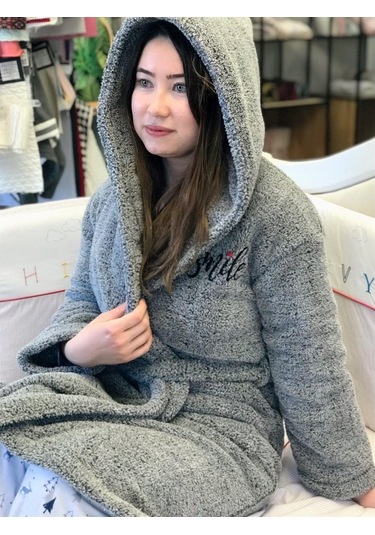 Uzun Welsoft Kapüşonlu Kadın Sabahlık Gri