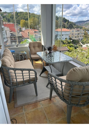 Tu Tienda Kartepe 2 1 1 Rattan Bahçe Balkon Takimi,bej Kumaş/gri Rattan Örgü Bej
