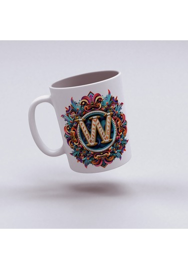 W Harfi Boho Bardak, Renkli Özel Tasarım Hediyelik Harfli Kupa, 330ml Porselen Beyaz
