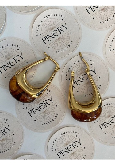 Vintage Kahverengi Taşlı Sallantılı Oval Paslanmaz Çelik Kadın Kü Altın