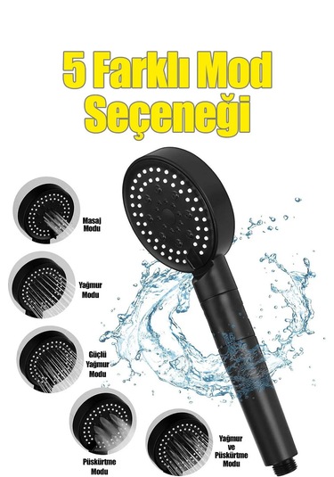 5 Fonksiyonlu Duş Başlığı+ Siyah Duş Askısı+ 150 Cm Siyah Hortum Siyah
