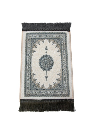 Mini Alın Seccadesi Kaymaz Taban Desenli Cep Tipi Seyahat Namaz Seccadesi - Krem / Gri