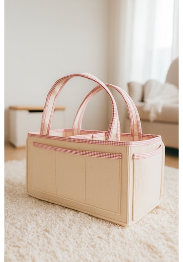 Anne Bebek Kalın Keçe Bakım Çantası Yenidoğan Için Organizer Düzenleyici Çok Amaçlı Bej Pembe Overlok Detay