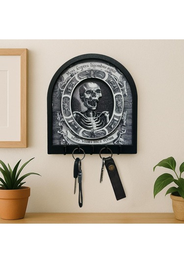 Cajuart Memento Mori Gotik İskelet Temalı Boyutlu Anahtar Askılık Duvar Dekor Gri