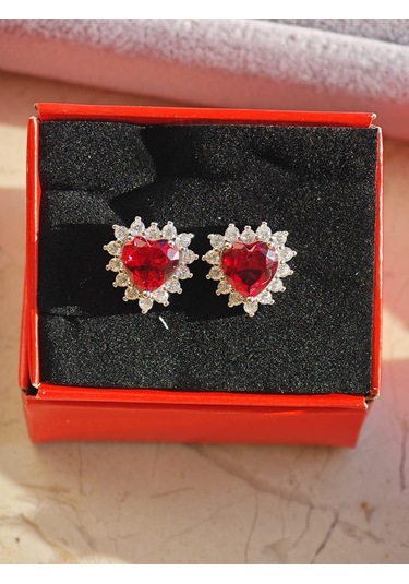 Silver Point Kırmızı Taşlı Kalpli Çivili Küpe Gümüş