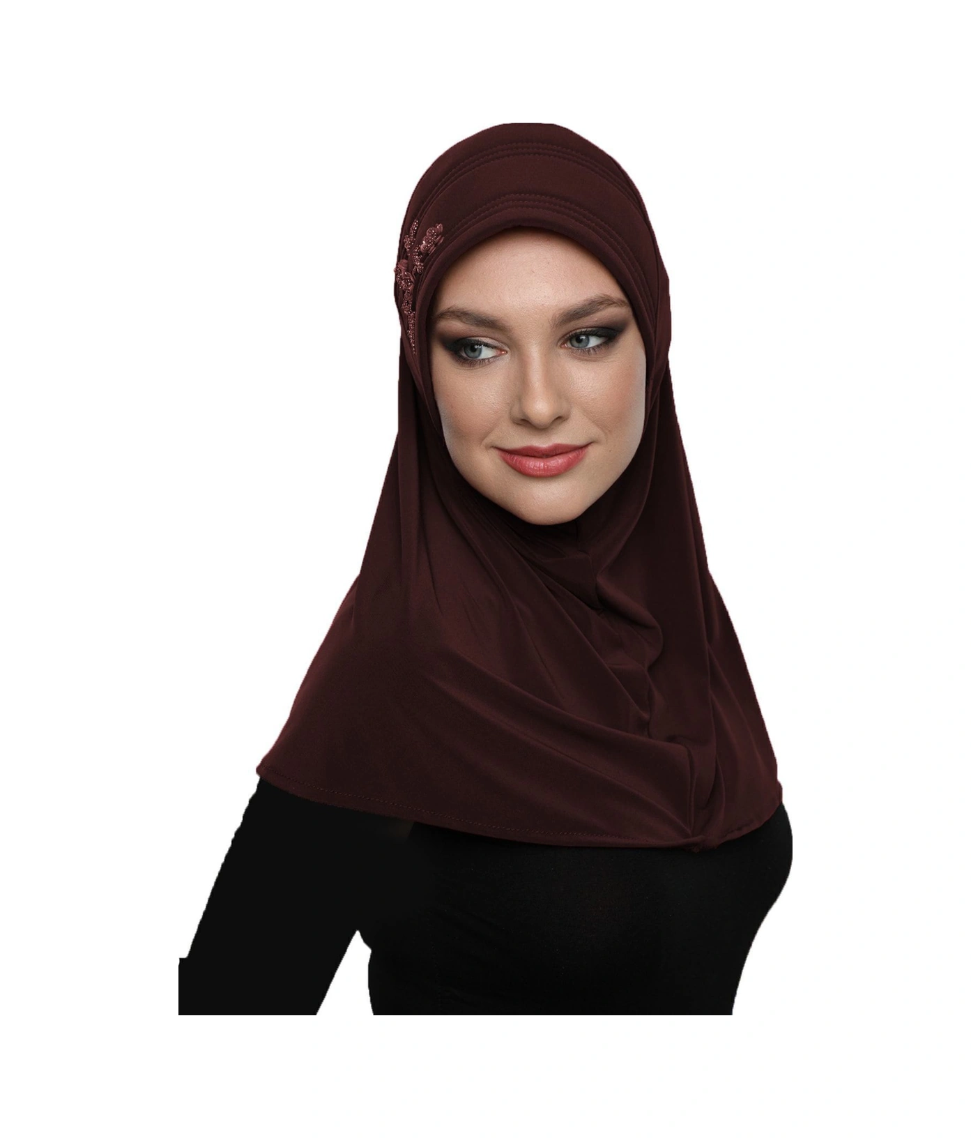 Takmatik Taşlı El Işi Boncuk Işlemeli Kahve Hazır Türban Tesettür Bone Namaz Örtüsü Kahve