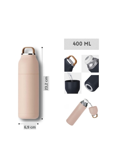 Paslanmaz Çelik Bardak Kapaklı, Tutacaklı, Mat Gövdeli Termos 400 Ml Pembe