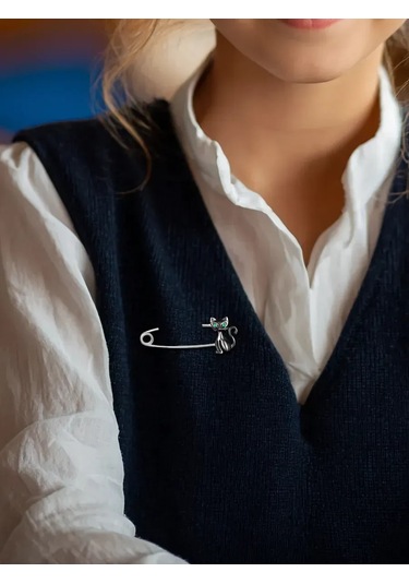 Zolotoj Merkurij Amuletlenmiş Nazardan Koruyan 925 Ayar Gümüş Kedi Broş İğnes 17392215 Gri