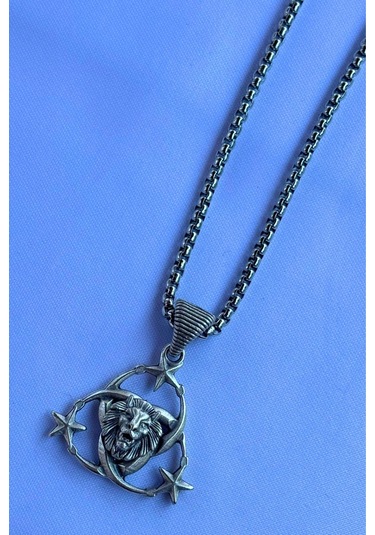 Aslanlı Ay Yıldız El İşçiliği Paslanmaz Çelik Zincir Erkek Kolye Gümüş