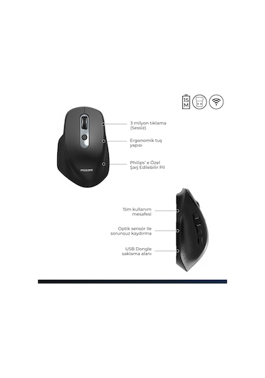 Philips SPK7818 3200 DPI 8 Tuşlu Dual Mod Bluetooth ve 2.4G Kablosuz Ergonomik Sessiz Mouse