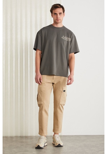 Colıbrı  Erkek Ön Arka Baskı Detaylı Oversize Kısa Kollu Bisiklet Yaka Organik Pamuklu Gri T-shirt