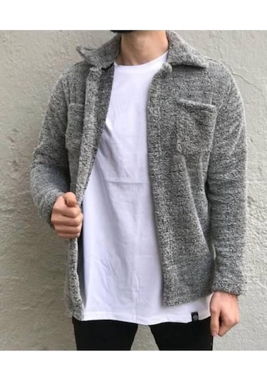 Unisex Gri Düğme Detaylı Cepli Peluş Ceket Gri
