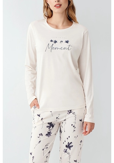 3411-s Kadın Uzun Kol Pijama Takım Krem