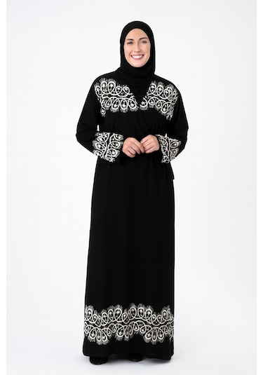Halkalı Desenli Kruvaze Namaz Elbisesi Yandan Bağlamalı, Rahat Kesim 36 46 Beden Siyah