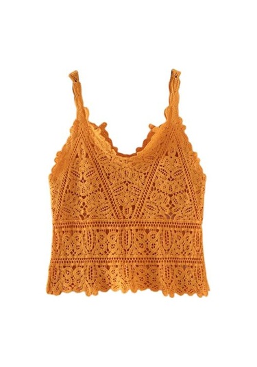 Sarı Kadın Yaz Yelek Üstleri V Yaka Kolsuz Tığ Örgü Üstleri Düz Renk Hollow Dantel Sling Sarı