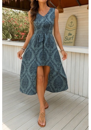 Leyla Sanat Sanata Yeni Bir Bakış Açısı Kadın Kolsuz V Yakalı Desenli Süprem Tulum Elbise Mavi