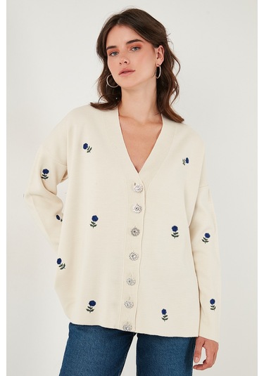 Lela Oversize Fit Desenli V Yaka Triko Bayan Hırka 4616193 Krem-Saks