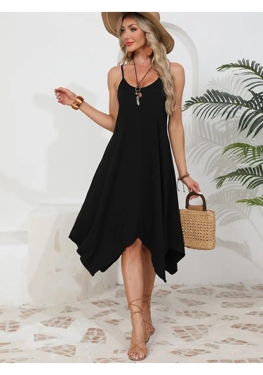 Kadın Ip Askılı Yuvarlak Yakalı Asimetrik Kesim Viskon Elbise Siyah