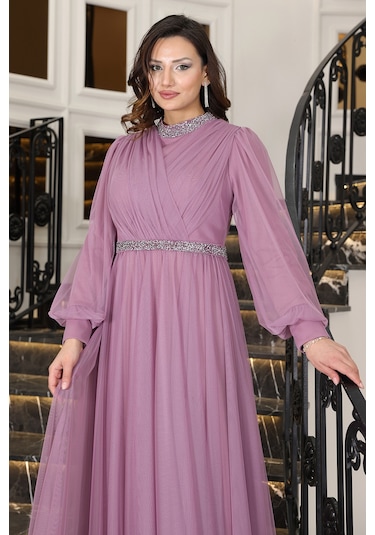Senna Taş Detaylı Büyük Beden Şık Tesettür Abiye Lavanta