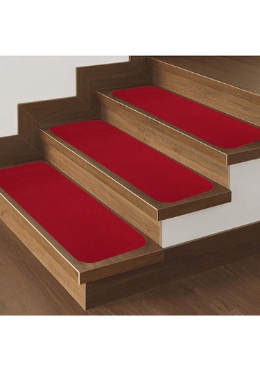 Kırmızı Velür Kaymaz Tabanlı Merdiven Basamak Paspası / Halısı (470768503)