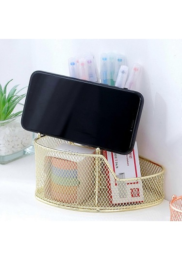 Ganzhoushop Zarif Gül Altın Örgü Kalemlik Üçgen Şekilli Metal Kırtasiye Saklama Tutucu 3 Bölmeli Ofis Ev Okul Gül Altınaltın