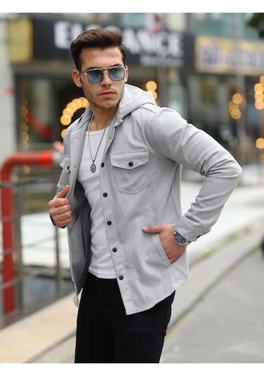 Gri Renk Kapüşonlu Kot Ceket Gri