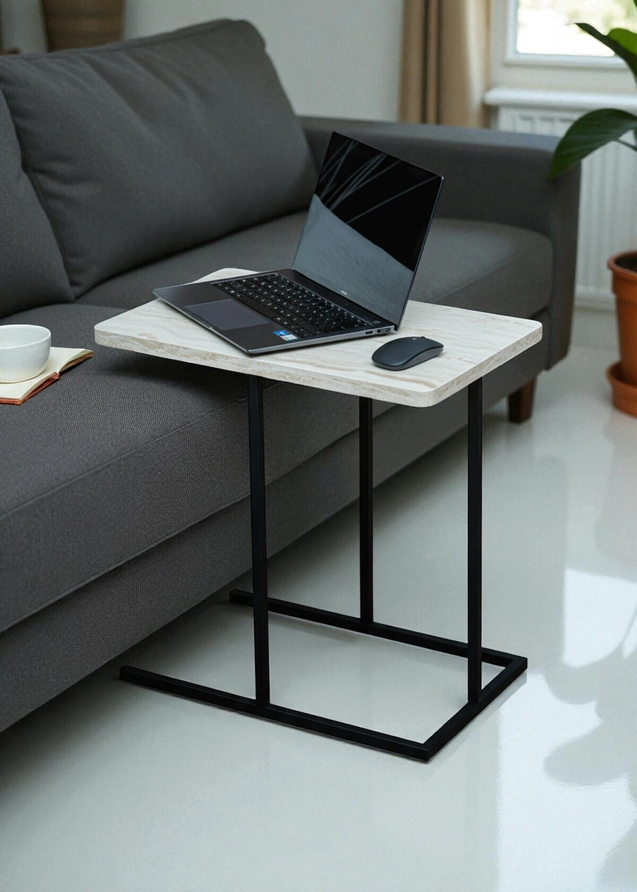 Dekoratif Beyaz Metal Yan Sehpa Ahşap Raflı Koltuk Yanı Servis Sehpası Çok Amaçlı Zigon C Sehpa Beyaz