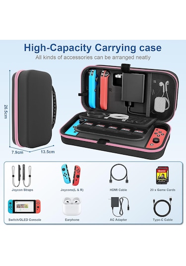 Nintendo Switch/oled İle Uyumlu Taşıma Çantası - Joycon Ve Ac Adaptörü İçin Uygun, Pembe