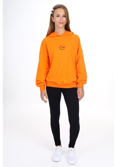 Toontoy Kız Çocuk Kapüşonlu Önü Yazı Baskılı Taytlı Takım Turuncu