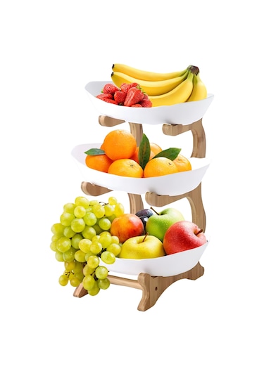 Reedark 3 Katlı Bambu Ayaklı Pratik Mutfak Servis Tepsisi - Pasta Ve Meyve Sunumu İçin Beyaz