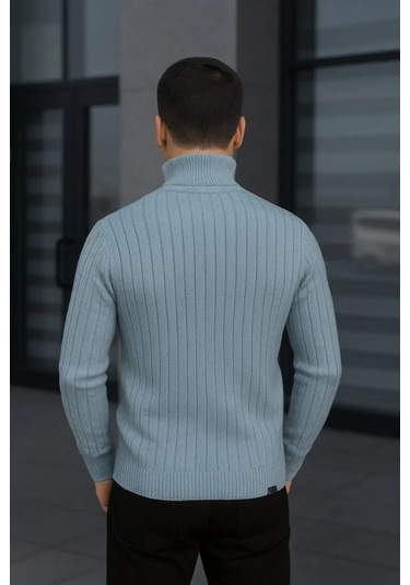 Erkek Fitilli Triko Kazak 2'li Set Bebek Mavisi Siyah Regular Balıkcı Yaka Tam Boğazlı Triko Seti Mo Bebek Mavisi - Siyah