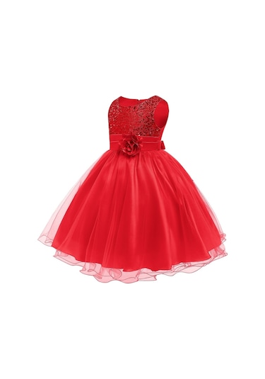 Kız Çocuk Pullu Payetli Abiye Elbise-Kırmızı