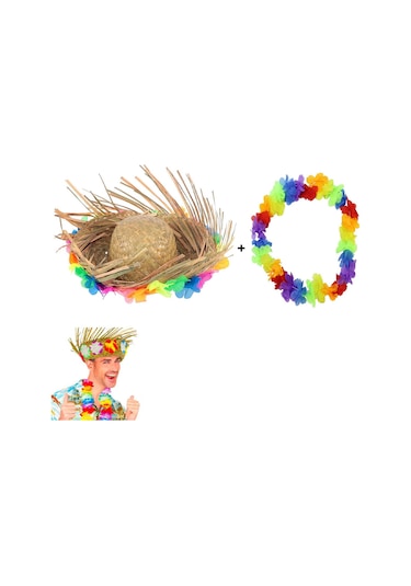 Hawaii Tarzı Tropikal Çiçekli Hasır Şapka Ve Çiçekli Hawaii Kolye Diğer