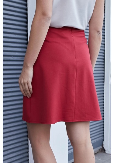Kadın Yüksek Bel Hafif Likralı Kumaş Pilikaşeli Diz Boy Çan Etek-kırmızı Kırmızı