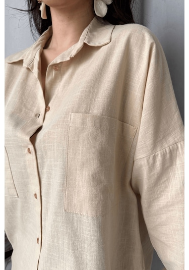 Paw Garage Kadın Harper Çift Cepli Oversize Keten Gömlek, 2025 Summer Collection Taş