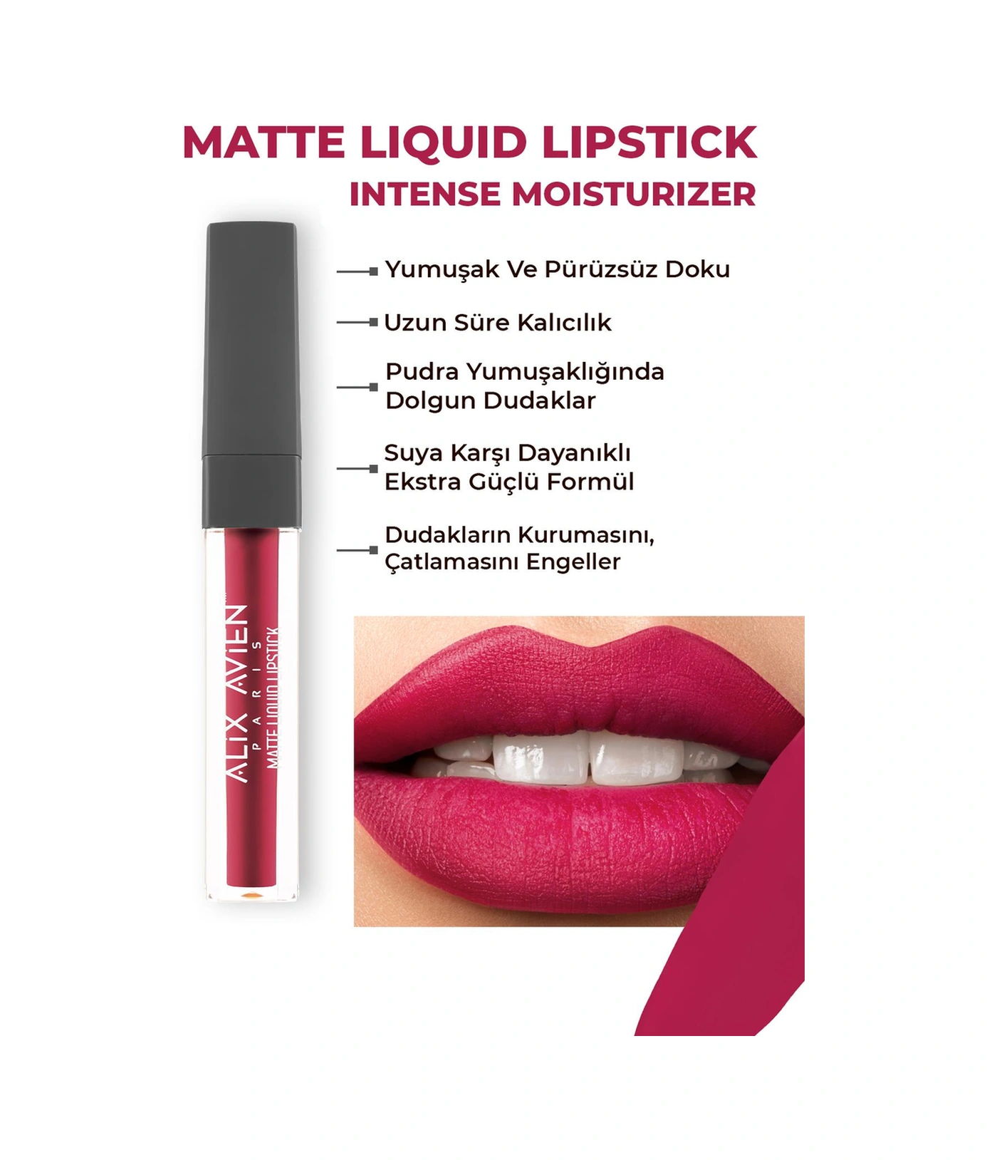Alix Avien Uzun Süre Kalıcı Kadifemsi Kuruma Yapmayan Mat Likit Ruj Matte Liquid Lipstick 515 Royal Cranberry